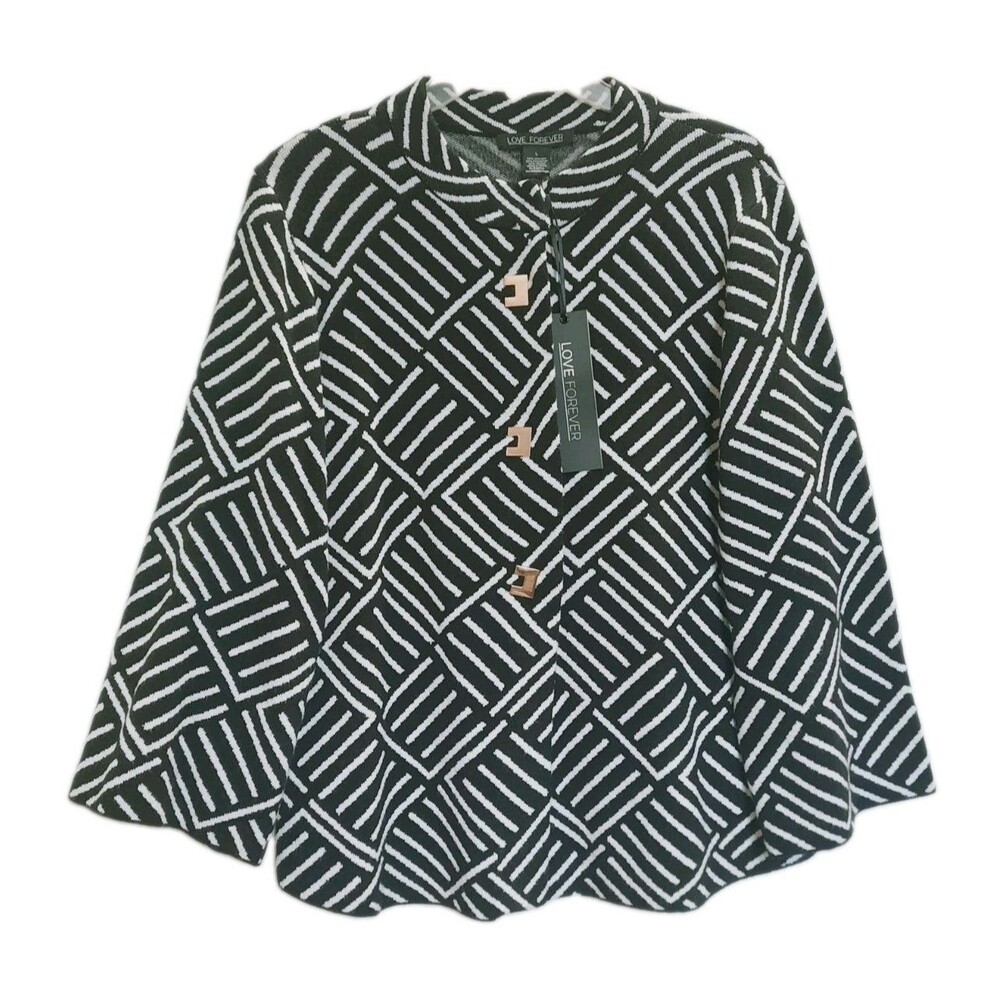 Love Forever Geometric Knit Sweater Cardigan Black White Square Button Flared L
